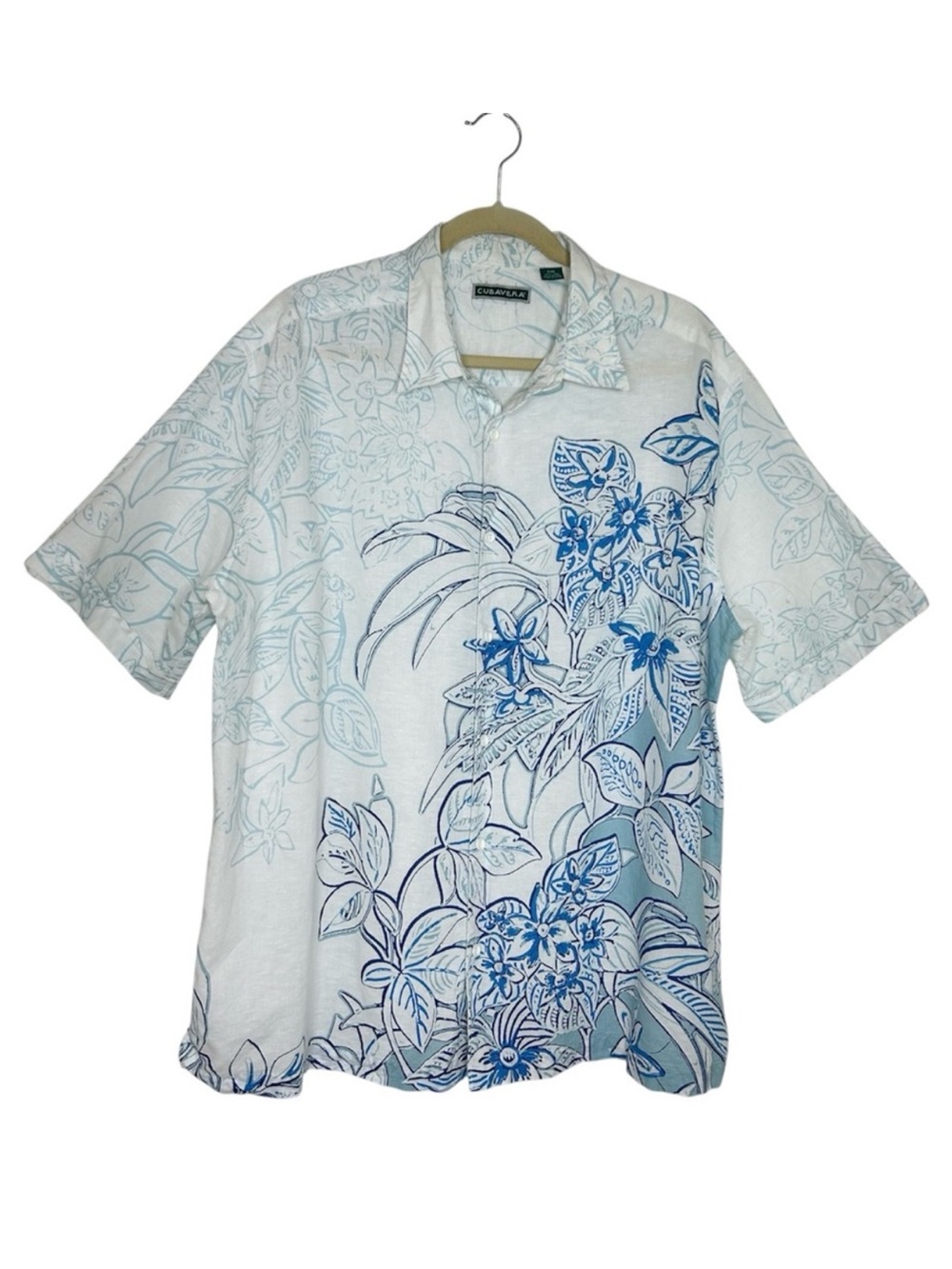 Cubavera Linen Cotton Blend White Blue Floral Short-Sleeve Buttoned Shirt XXL